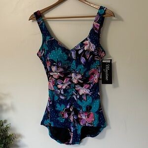 Maxine of Hollywood Blue and Pink One Piece Swimsuit Tropical Floral